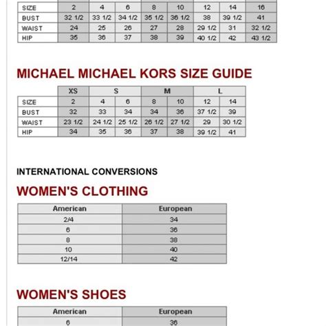 Michael Kors shoes size chart